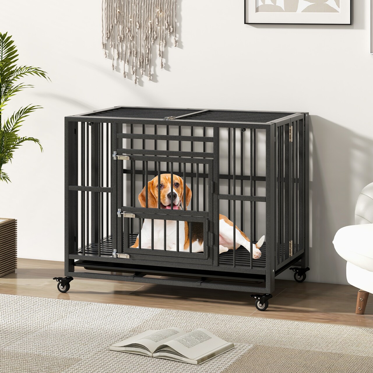Foldable Heavy-Duty Metal Dog Cage Chew-proof Dog Crate with Lockable Universal Wheels - 37" x 23" x 30" (L x W x H)